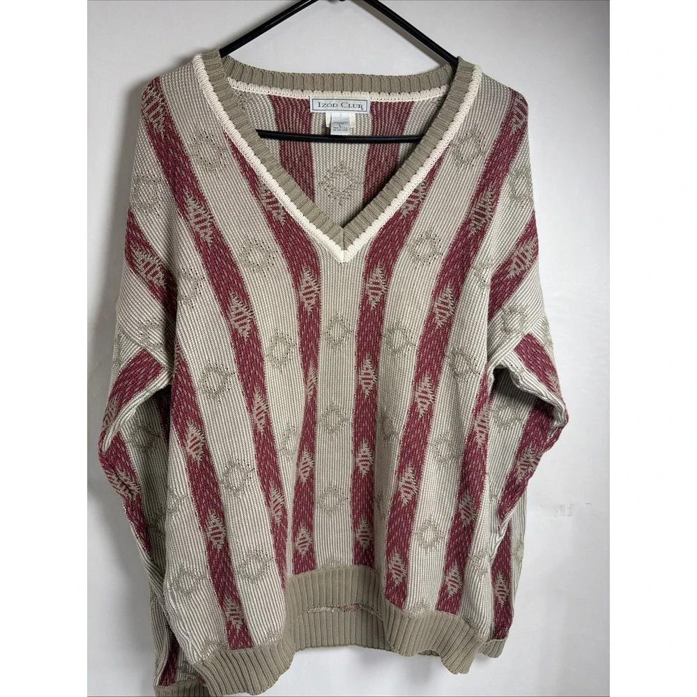 Vintage Izod Club Sweater Mens Large Black Red Beige Knit Pullover 90s LS Cotton
